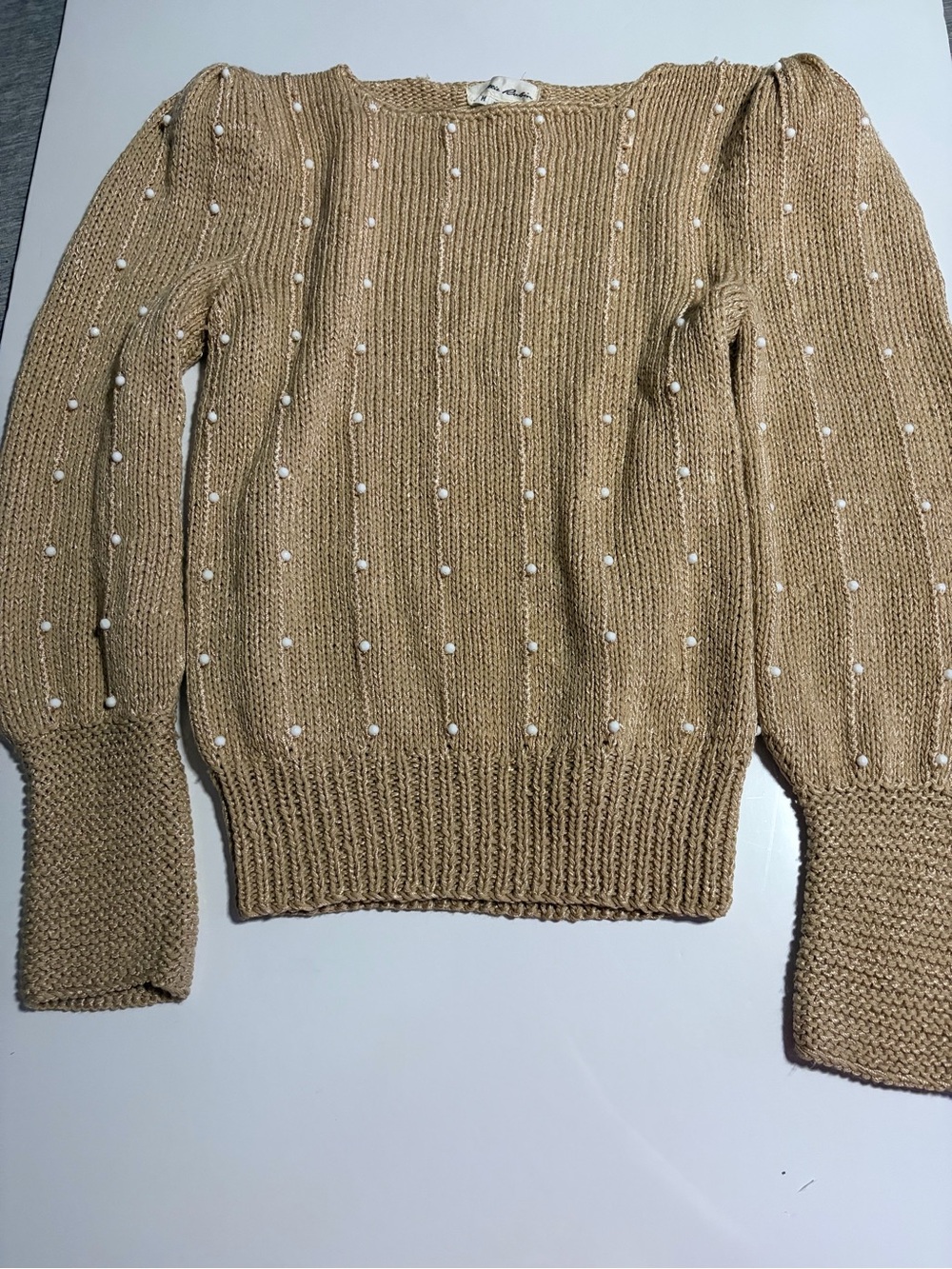Lillie Rubin Beige Crewneck Sweater with Pearl Dots